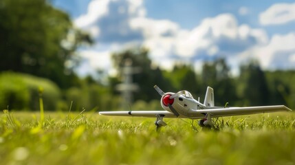 Poster - A detailed remote control airplane field, RC planes and transmitters neatly placed, Modern aviation hobby style