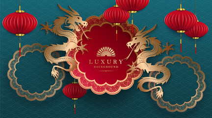 Wall Mural - Happy Chinese New Year, golden dragons with round frame, textured turquoise card.