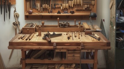 Poster - A detailed woodworking bench with handcrafted creations, Woodworking tools arranged for artisanal craftsmanship, Craftsmanship showcase style