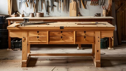 Poster - A detailed woodworking bench with handcrafted creations, Woodworking tools arranged for artisanal craftsmanship, Craftsmanship showcase style