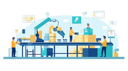 Poster - Illustration of a modern warehouse with workers, robotic arms, and boxes on a conveyor belt.