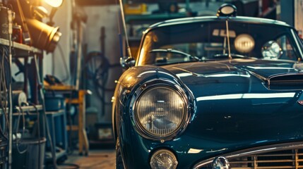 Poster - A dynamic automotive workshop with mechanic's tools and car parts, Mechanics repairing and tuning classic cars, Automotive restoration style