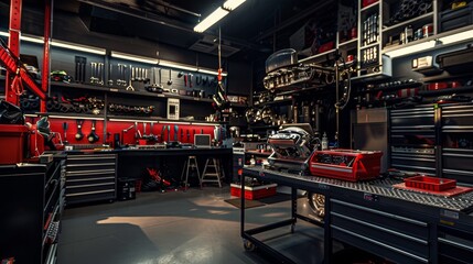 Poster - A dynamic automotive workshop with tools and car parts, Engine components neatly displayed, Mechanical expertise style