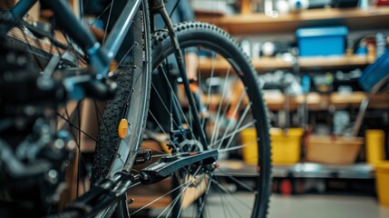 Aufkleber - A dynamic bike repair shop with bicycle tools and repair stands, Mechanics servicing bicycles in a workshop, Cycling maintenance style