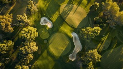 Aufkleber - A dynamic golf course with drone photography, Golf clubs on lush fairways, Aerial view style