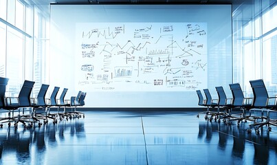 Poster - Modern conference room with a whiteboard full of charts and graphs for presentations.