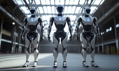 Poster - Futuristic humanoid robots standing in industrial space, sleek design, advanced technology, illuminated by overhead lights
