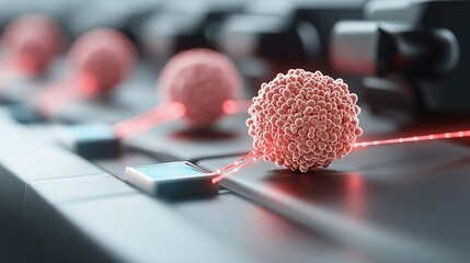 Poster - Artistic Representation of Cancer Cells Interacting with Light in a Modern Laboratory Setting, Capturing the Intricacies of Cellular Behavior and Research Innovations