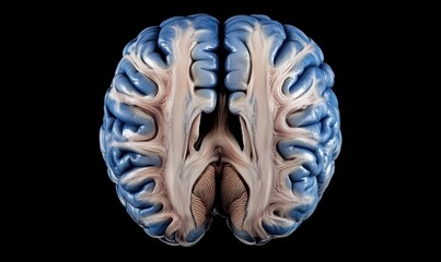Poster - Human brain anatomy, detailed view, showcasing gyri and sulci, intricate structure, blue and pink coloration, symmetrical appearance