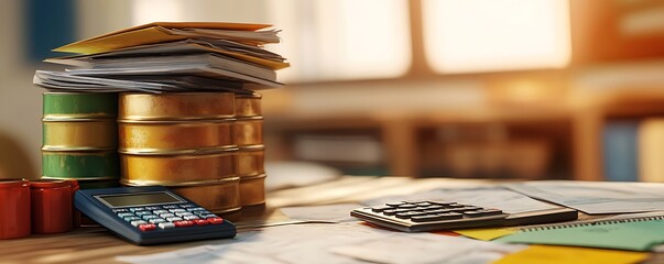 Poster - A calculator rests beside stacks of papers and folders on a desk, suggesting work or organization.