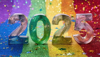 Wall Mural -  text 2025 written in shiny numbers on colorful background with stars and sparkles, new year