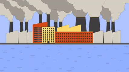 Poster - Factory smokestacks waterside cartoon animation. Co2 pollution smoke 4K video 2D motion graphic. Industrial waste water. Petroleum refineries animated landscape on toxic smog emissions background