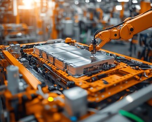 Aufkleber - Advanced robotic arms assembling lithiumion batteries for electric cars, hightech factory with clean surfaces, efficient and automated production line