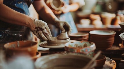 Poster - A lively ceramics workshop with clay sculptures and pottery tools, Artists molding intricate designs on pottery wheels, Modern artisan style