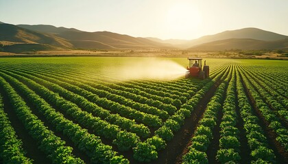 Poster - Field irrigation system spraying water over rows of lettuce, healthy green crops, agricultural field under a clear sky, modern farming equipment in action