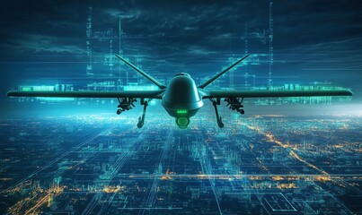 Poster - Drone flying over futuristic cityscape, digital interface, night scene, illuminated buildings