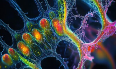 Poster - Colorful abstract representation of cells and tissues, showcasing intricate structures and vibrant colors. Microscopic view of biological elements.