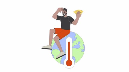 Fototapete - Global heating 2D animation. Climate change Earth 4K video motion graphic. Hot summer day struggle. Sweating man fanning himself with fan animated character cartoon flat concept, white background