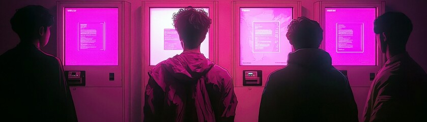 Poster - Group of Young Individuals Engaged with Interactive Screens in a Neon-lit Setting, Showcasing Technology and Modern Communication Experience in a Futuristic Atmosphere