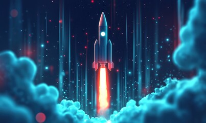 Poster - Rocket launch in space, vibrant colors, dynamic motion, surrounded by clouds and stars, futuristic design