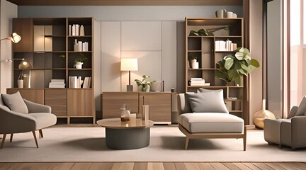 Wall Mural - Modern interior of living room with wooden cabinet and armchair home design 3d animation rendering 4K