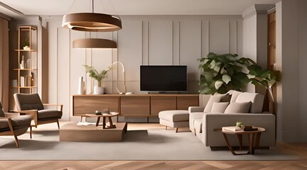 Wall Mural - Modern interior of living room with wooden cabinet and armchair home design 3d animation rendering 4K