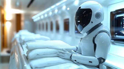 Poster - Futuristic android meticulously folding towels in a sleek, modern laundry environment