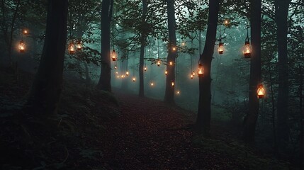 Poster - Mystical Forest Illuminated by Glowing Candle Adorned Trees in Misty Woods