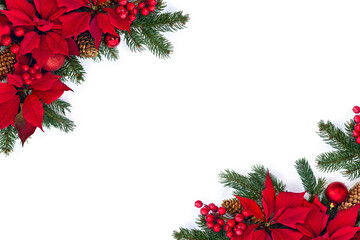 Wall Mural - christmas decoration. flowers of red orange poinsettia, branch christmas tree, red balls, red berrie