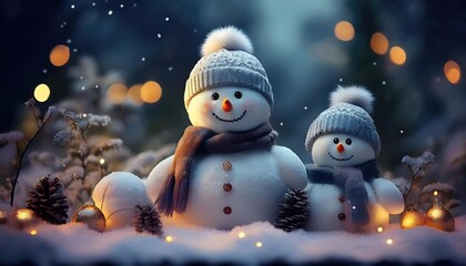 Wall Mural -  Cute Snowmen in Christmas Scene