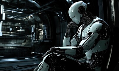 Poster - Robot in contemplation, futuristic setting, sleek design, metallic body, deep in thought, high-tech environment, sci-fi aesthetics