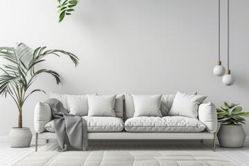 Wall Mural - Fancy Design. Contemporary Light Grey and White Living Room Interior with Modern Sofa