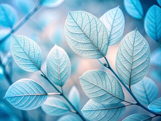 Canvas Print - Light Blue Leaves on a Branch Isolated on Soft Background, Showcasing Intricate Leaf Structure in Macro Detail for Nature and Botanical Photography Enthusiasts