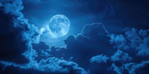 Wall Mural - full moon sky. halloween night with moonlight in dark blue sky