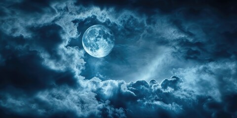 Wall Mural - full moon sky. halloween night with stars and moonlight in dark blue sky