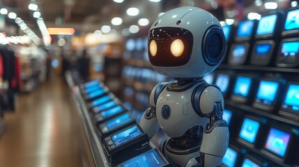 Poster - An android explores the latest tech gadgets in a modern retail store environment with bright lights