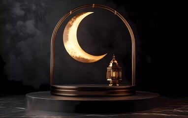 Leinwandbilder - 3D rendering of a golden Islamic Ramadan Kareem lantern and crescent moon with a podium display background for product presentation, with copy space on the right side