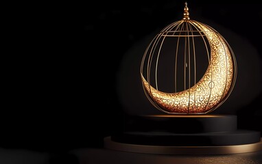 Leinwandbilder - 3D rendering of a golden Islamic Ramadan Kareem lantern and crescent moon with a podium display background for product presentation, with copy space on the right side