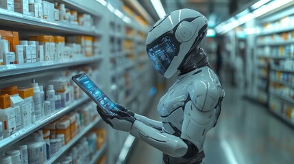 Poster - An android explores a high-tech pharmacy while scanning medication information