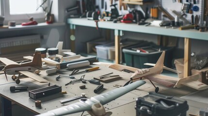 Aufkleber - A peaceful model airplane setup in a spacious garage, Model airplane parts and tools neatly placed, Hobbyist minimalist style