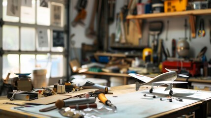 Aufkleber - A peaceful model airplane setup in a spacious garage, Model airplane parts and tools neatly placed, Hobbyist minimalist style