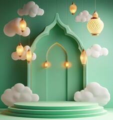 Fototapete - Eid Al-Fitr stage background, a green mosque window with lanterns and paper-cut clouds, an empty podium for product presentation. 