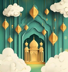 Fototapete - Eid Al-Fitr stage background, green mosque window curtain with lantern and cloud paper cut-style vector flat simple design. Background for product presentation