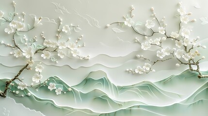 Traditional Chinese jade carving green white landscape painting illustration poster background