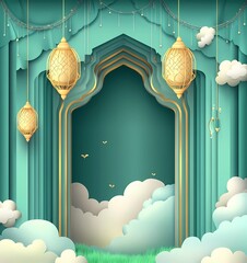 Fototapete - Eid Al-Fitr stage background, green mosque window curtain with lantern and cloud paper cut-style vector flat simple design. Background for product presentation