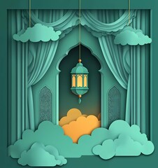Fototapete - Eid Al-Fitr stage background, green mosque window curtain with lantern and cloud paper cut-style vector flat simple design. Background for product presentation