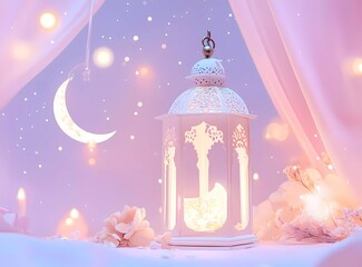 Fototapete - Eid Mubarak and Ramadan Kareem greetings with an Islamic lantern and night sky background. Concept of the Muslim holy month of Eid al-Fitr or Brotherhood