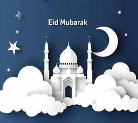 Poster - Eid having cloud and mosque, moon, stars, Ramadan Kareem vector background banner design. White paper cut clouds on blue night sky.