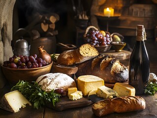 Wall Mural - A historical table scene with rustic bread roast cheese