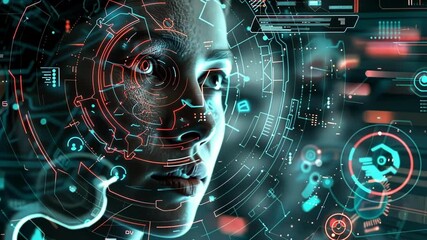 Poster - man undergoing brain enhancement with futuristic technology, merging human and machine in innovative